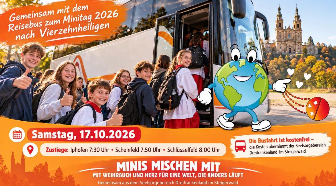 Kinder steigen in einen Bus zum minitag nach Vierzehnheiligen